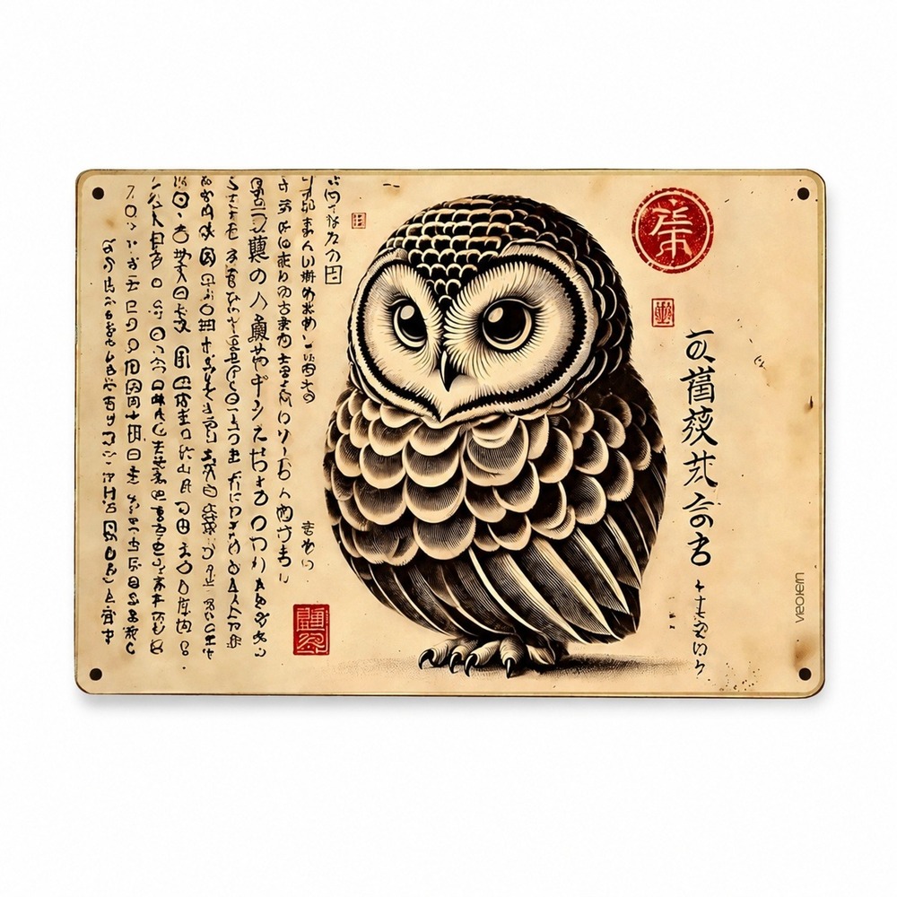 Vintage Owl Sign Japanese Art Style Metal Plaque Rustic Cottagecore Wall Art